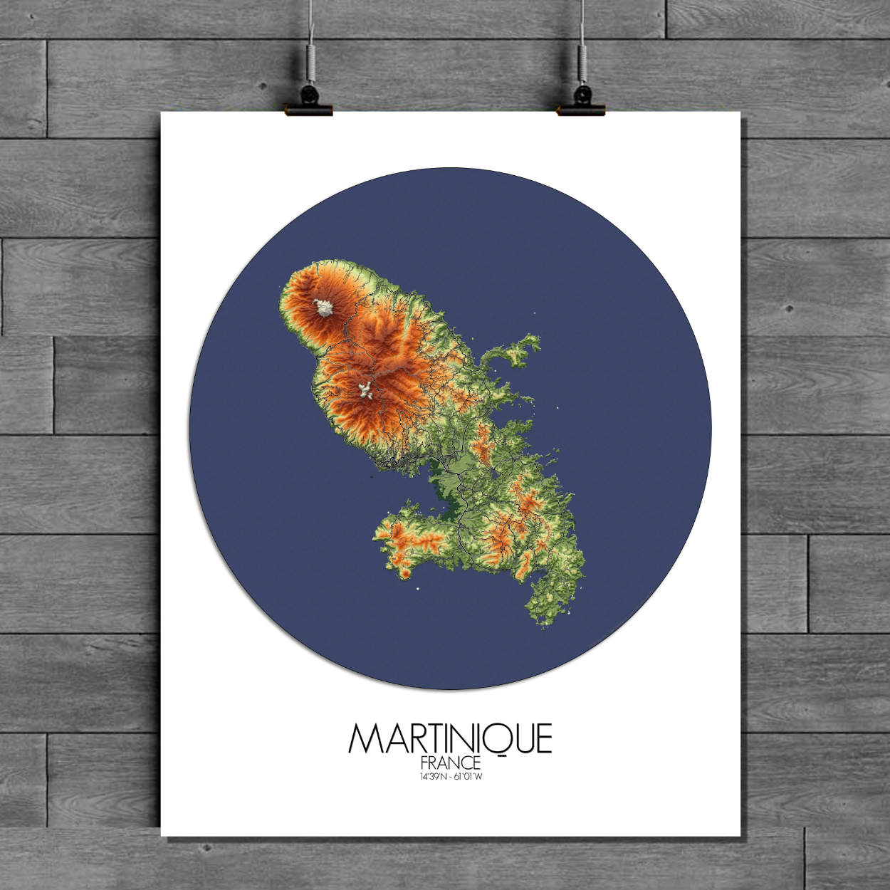 Mapospheres La Martinique Elevation map round shape design Paper map city map