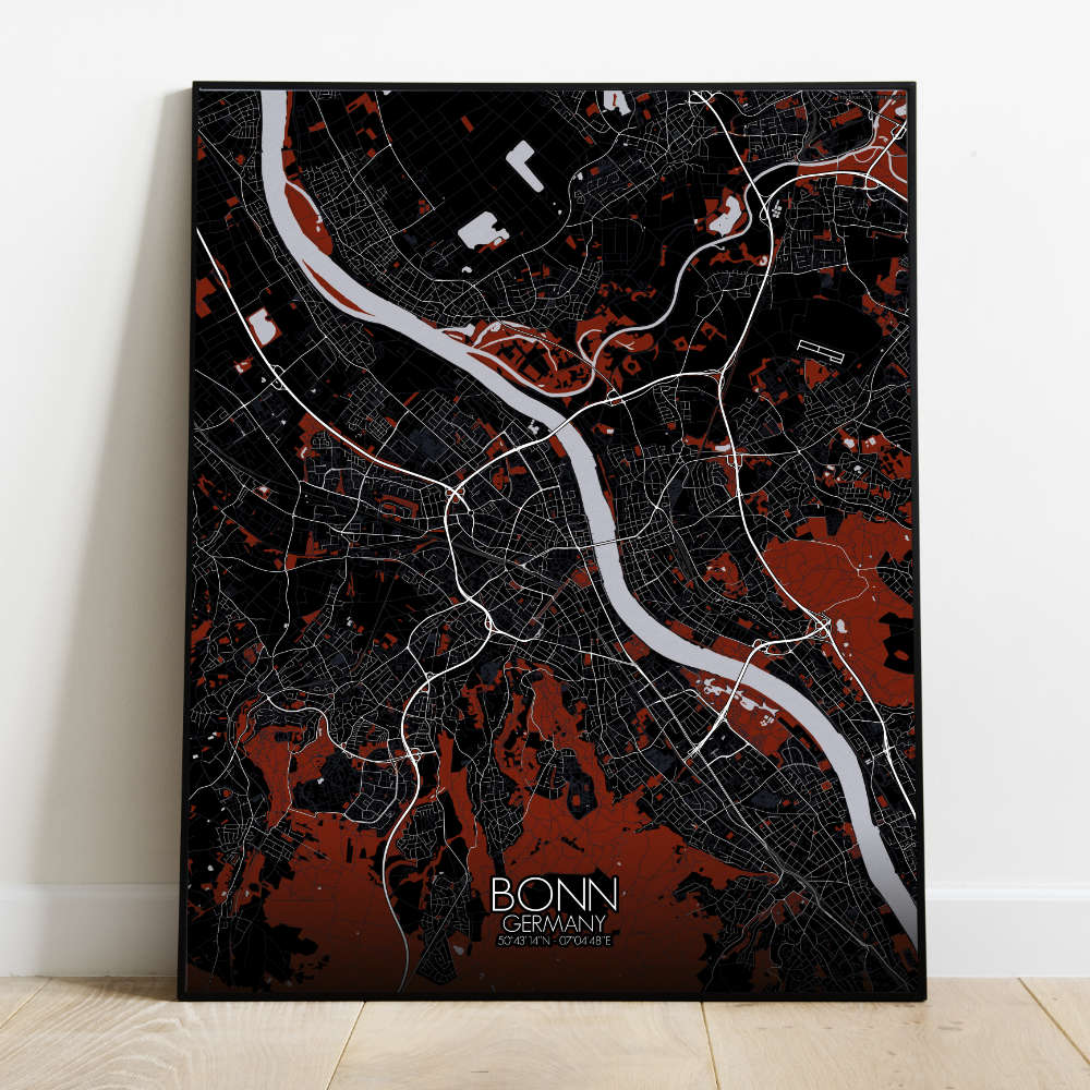 Mapospheres Bonn Red dark full page design poster city map