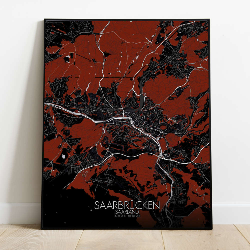 Mapospheres Saarbrucken Red dark full page design poster city map