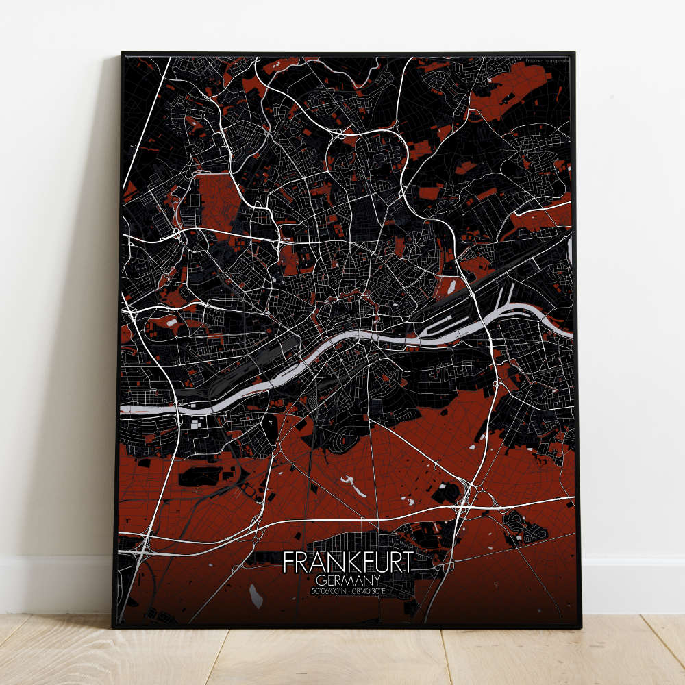 Mapospheres Frankfurt Red dark full page design poster city map