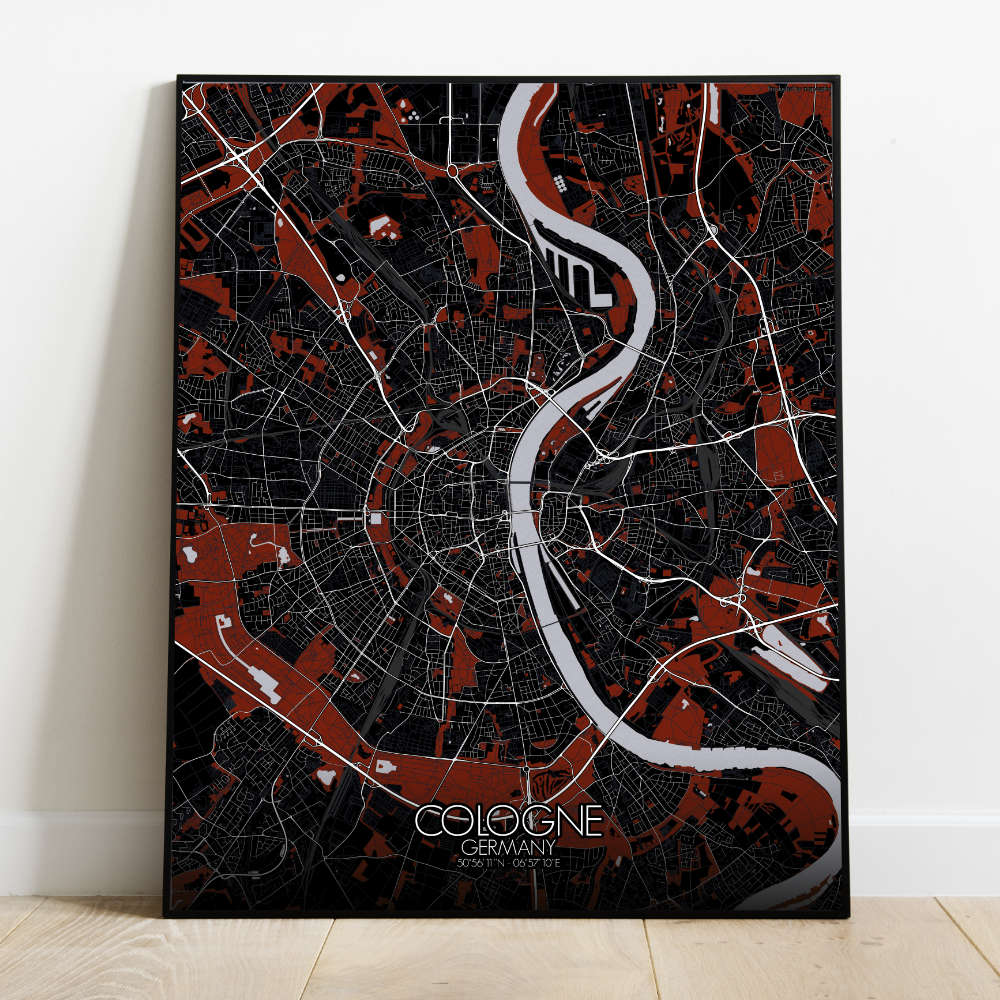Mapospheres Cologne Red dark full page design poster city map