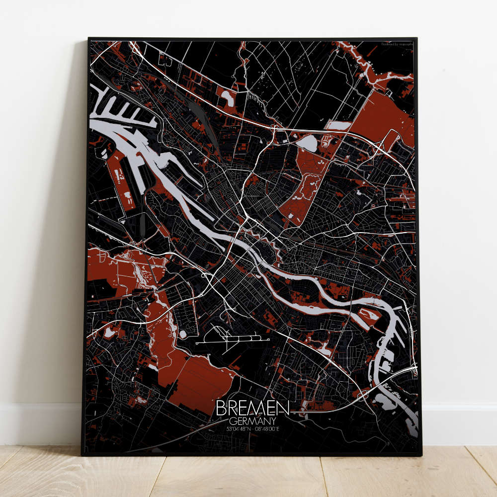 Mapospheres Bremen Red dark full page design poster city map