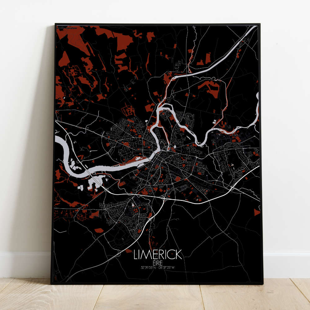 Mapospheres Limerick Red dark full page design poster city map