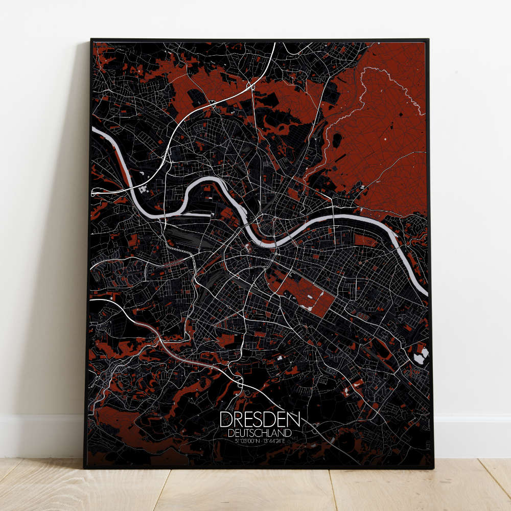 Mapospheres Dresden Red dark full page design poster city map