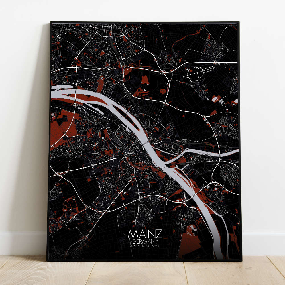Mapospheres Mainz Red dark full page design poster city map