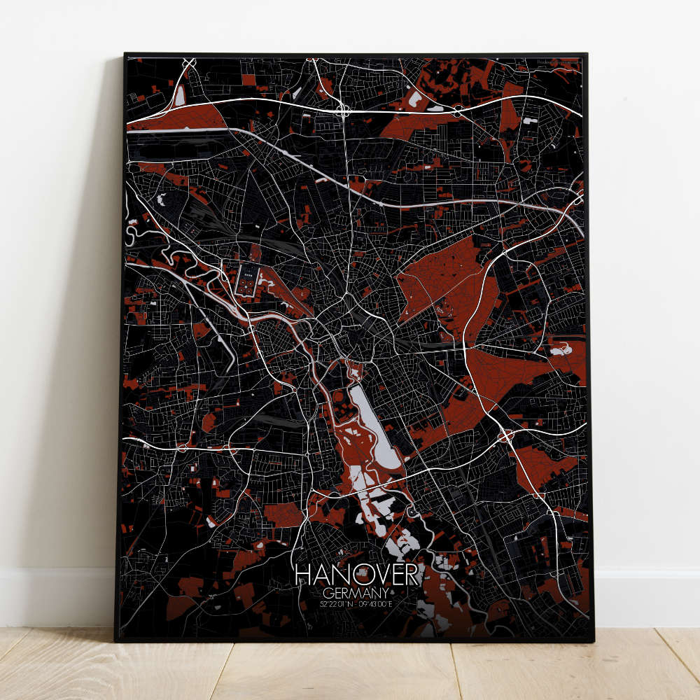 Mapospheres Hanover Red dark full page design poster city map