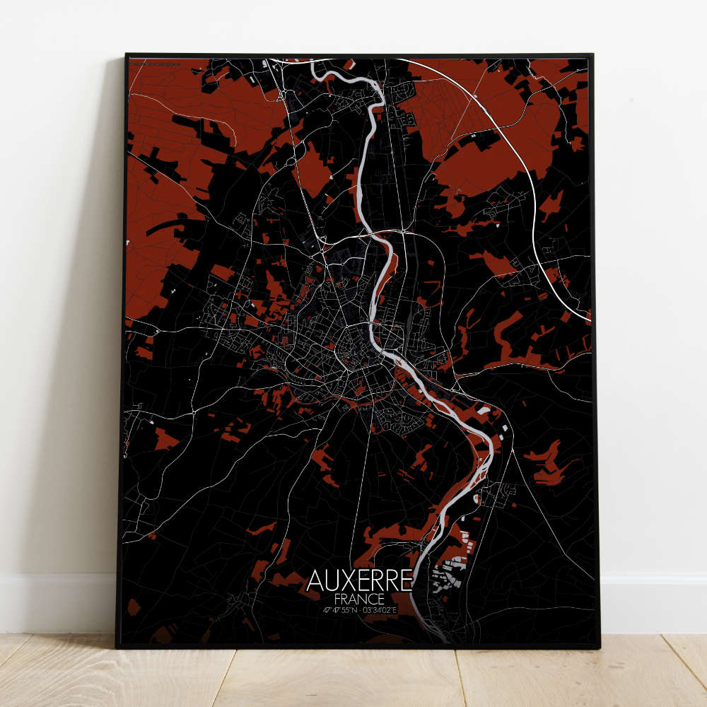 Mapospheres Auxerre Red dark full page design poster city map