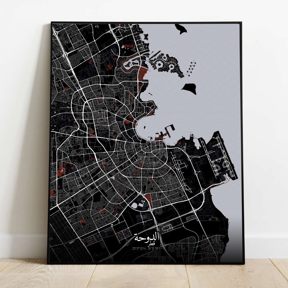 Mapospheres Doha Red dark full page design poster city map
