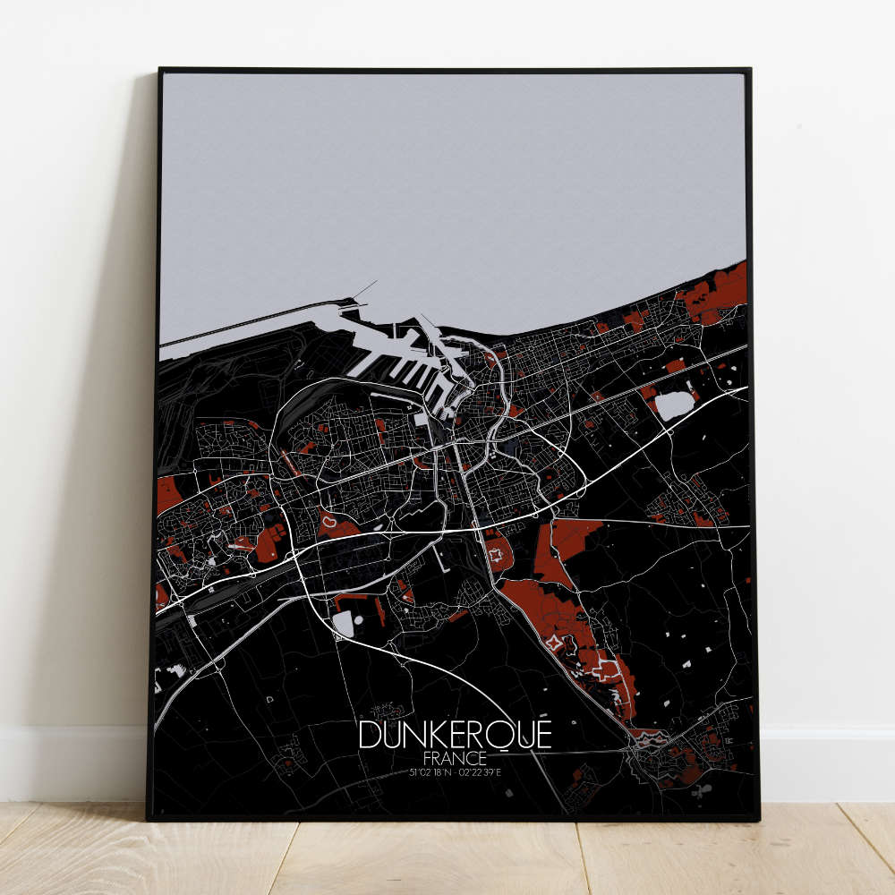 Mapospheres Dunkirk Red dark full page design poster city map