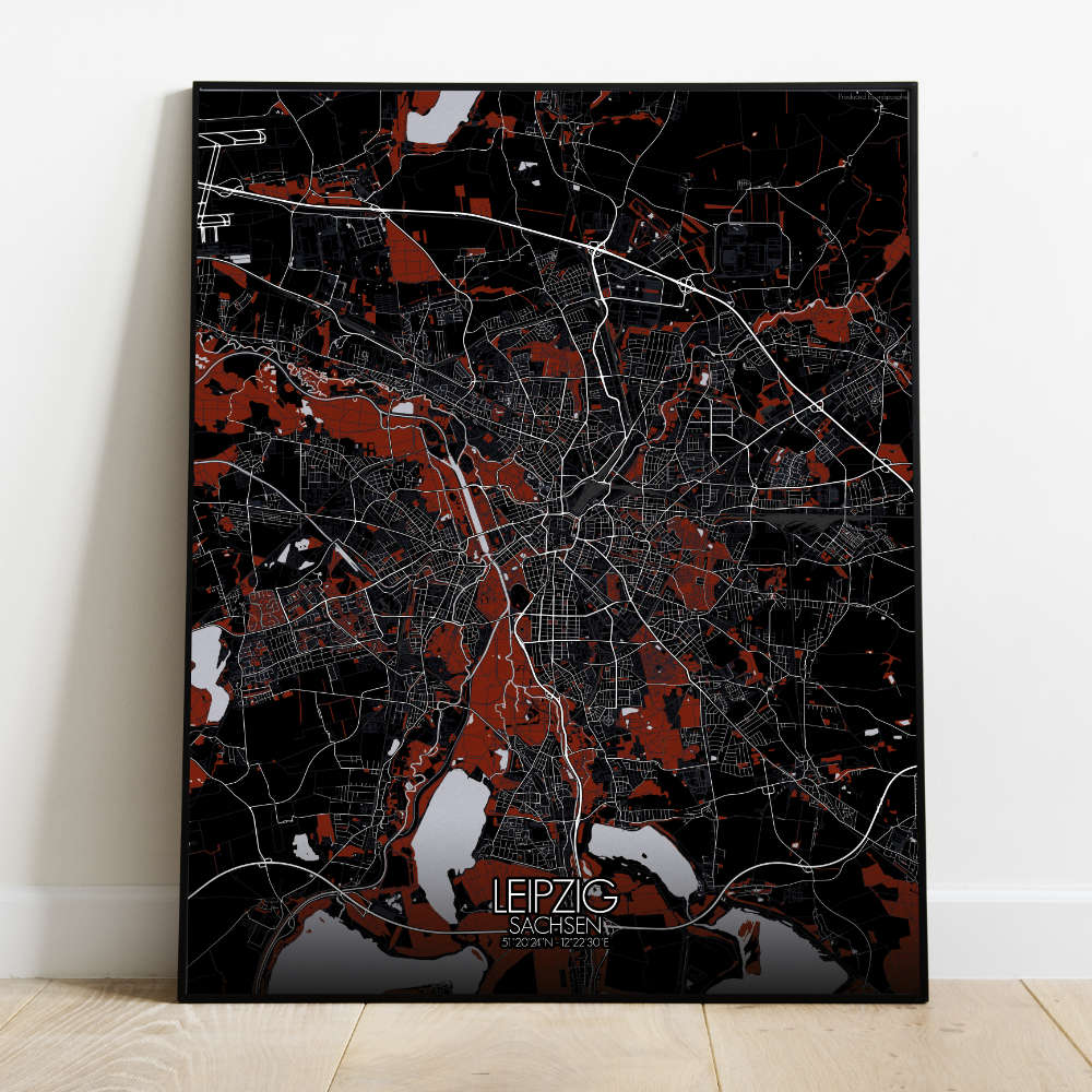 Mapospheres Leipzig Red dark full page design poster city map