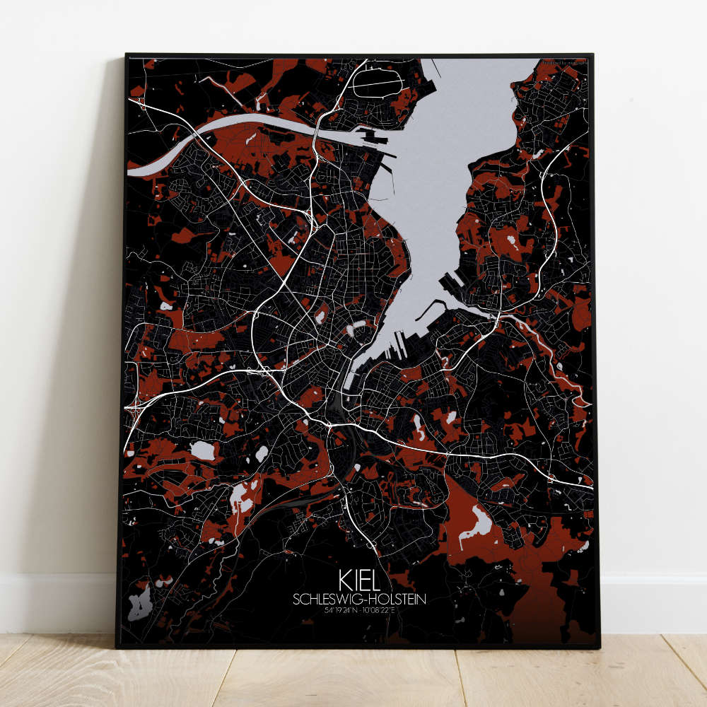 Mapospheres Kiel Red dark full page design poster city map