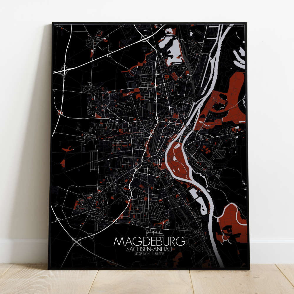 Mapospheres Magdeburg Red dark full page design poster city map