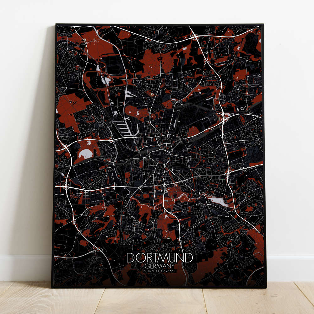 Mapospheres Dortmund Red dark full page design poster city map