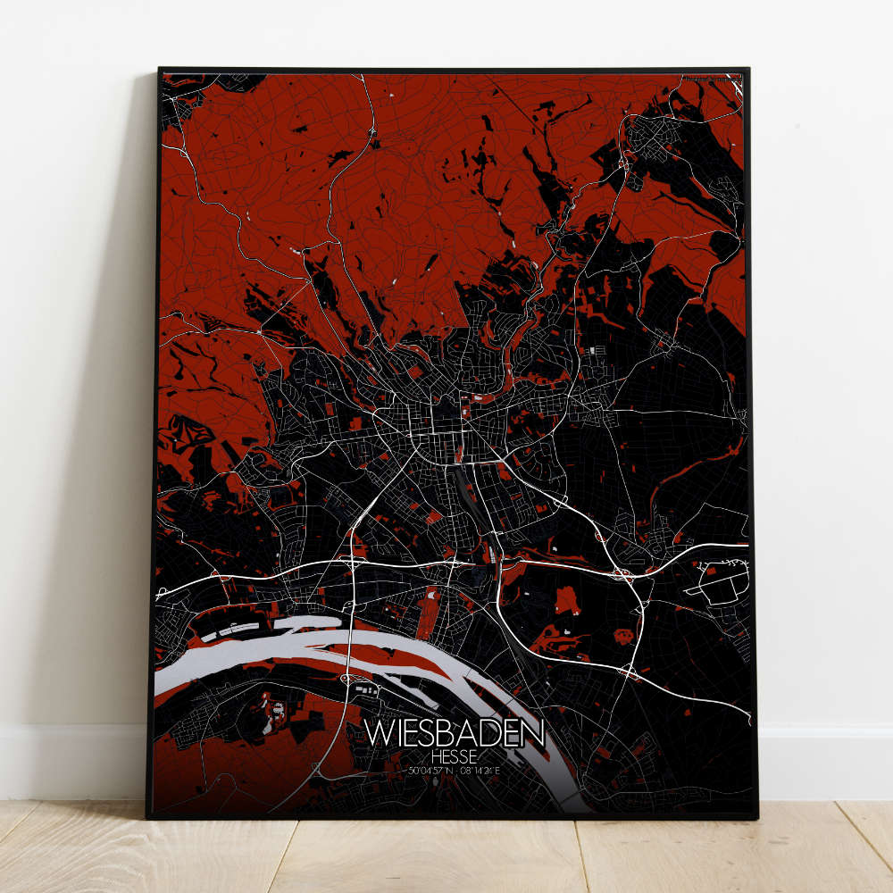 Mapospheres Wiesbaden Red dark full page design poster city map