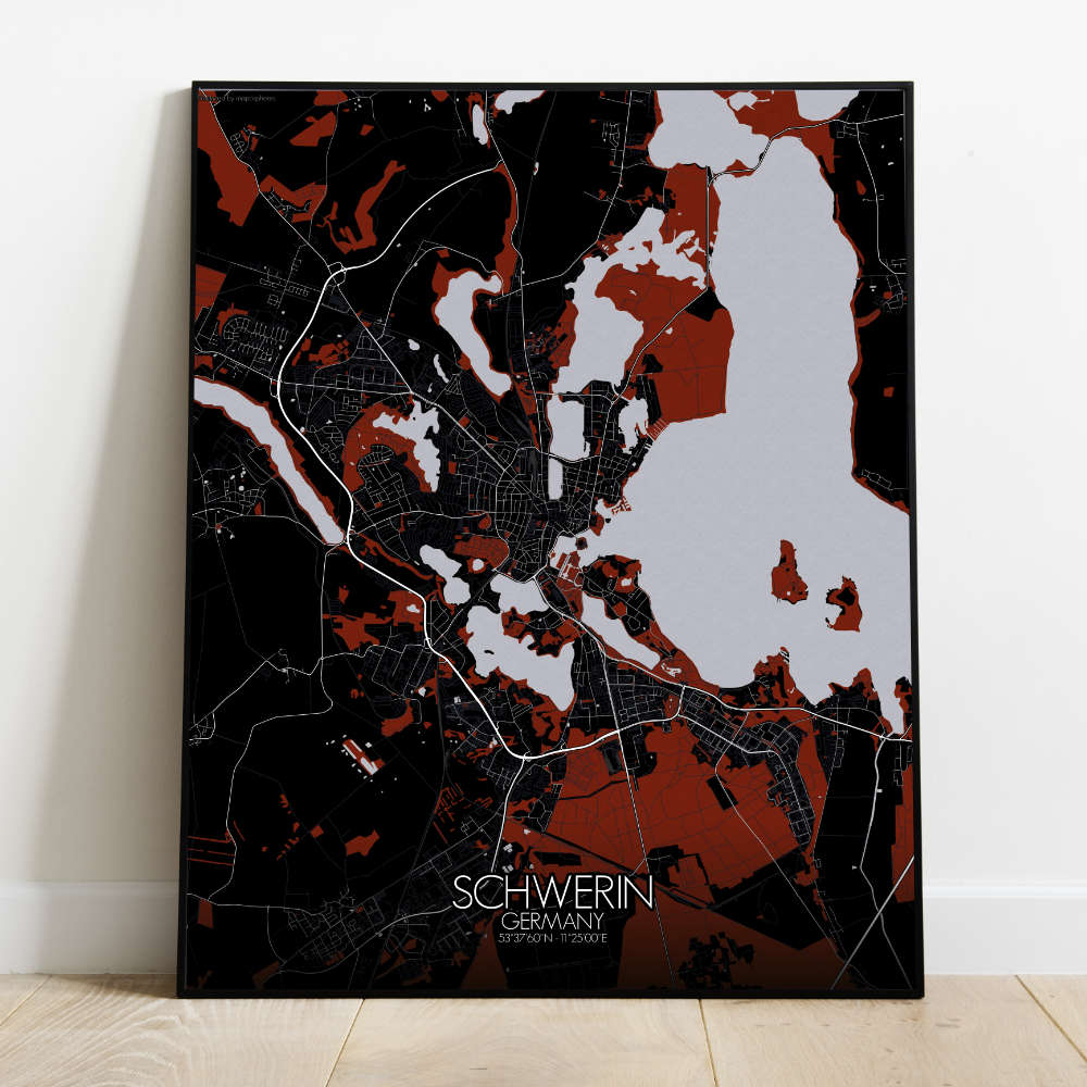 Mapospheres Schwerin Red dark full page design poster city map