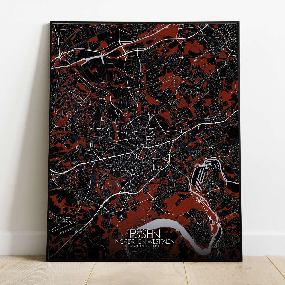 Mapospheres Essen Red dark full page design poster city map