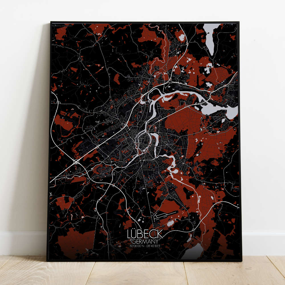 Mapospheres Lubeck Red dark full page design poster city map