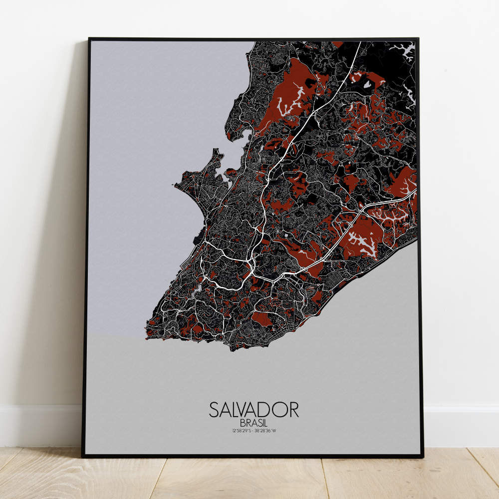 Mapospheres Salvador Red dark full page design poster city map