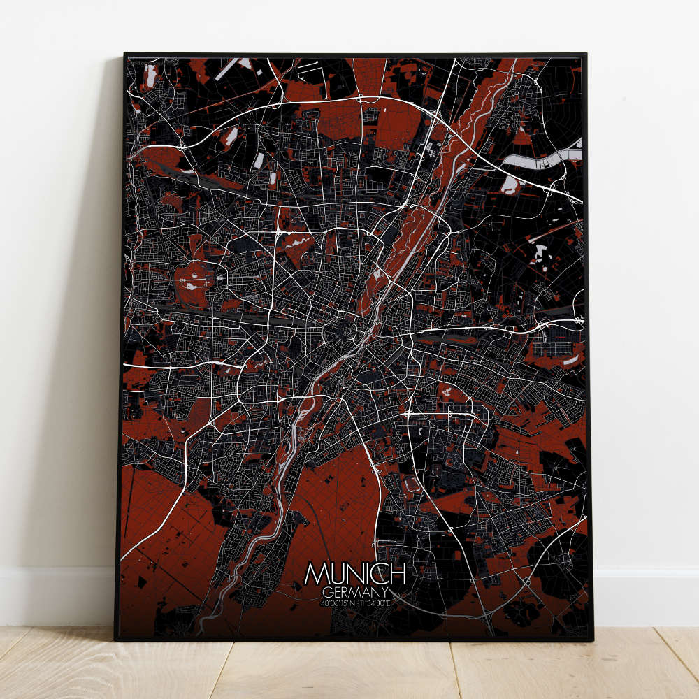 Mapospheres Munich Red dark full page design poster city map