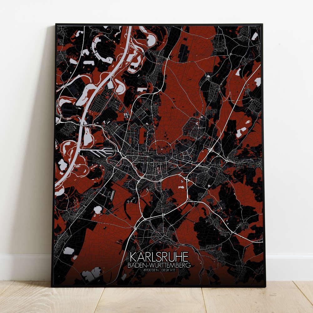Mapospheres Karlsruhe Red dark full page design poster city map