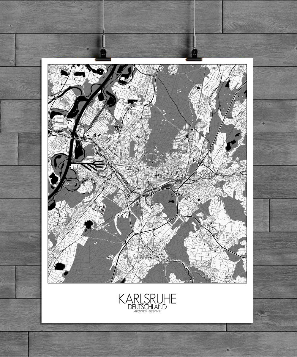 Mapospheres Karlsruhe Black and White full page design poster city map