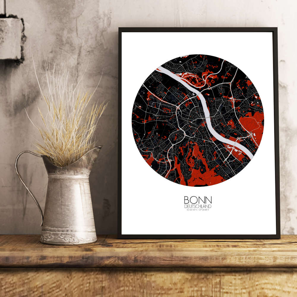 Mapospheres Bonn Red dark round shape design poster city map