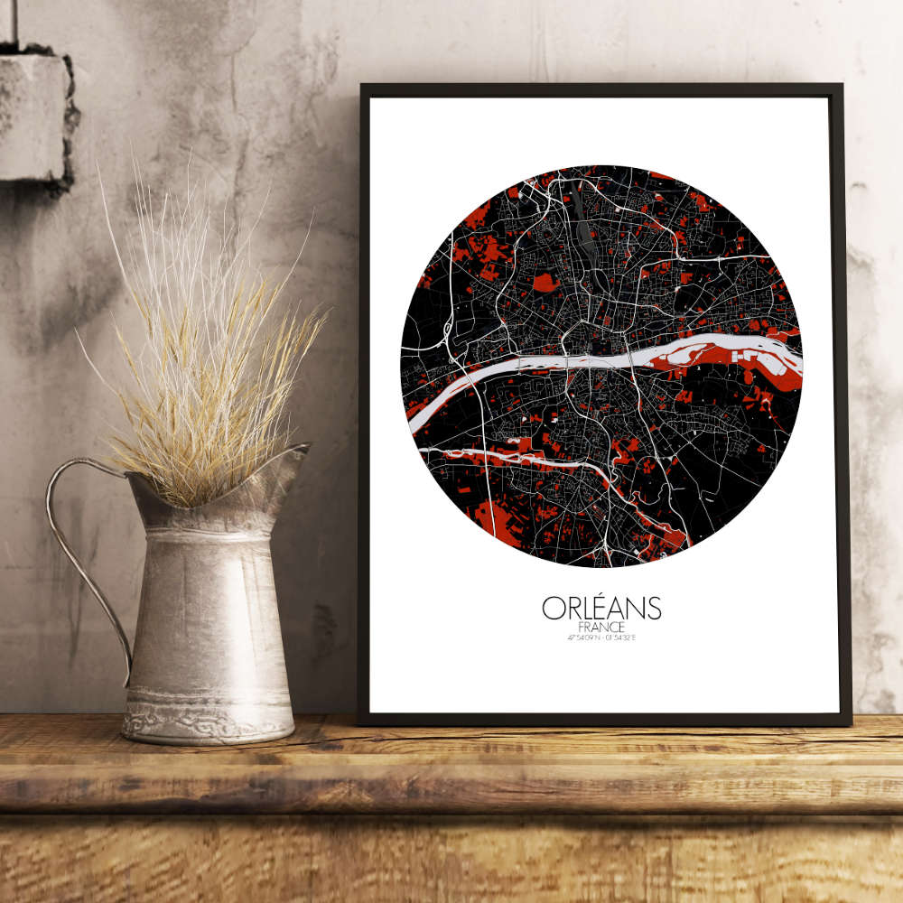 Mapospheres Orleans Red dark round shape design poster city map