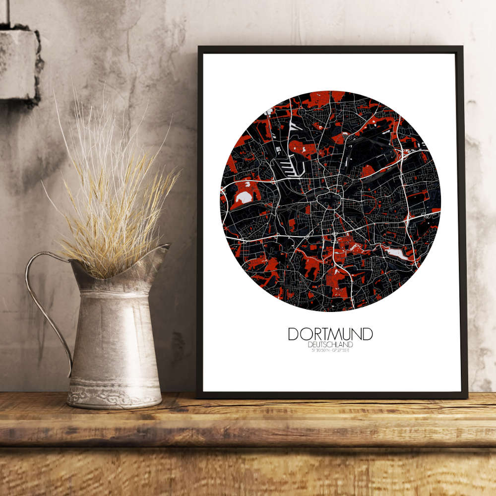 Mapospheres Dortmund Red dark round shape design poster city map