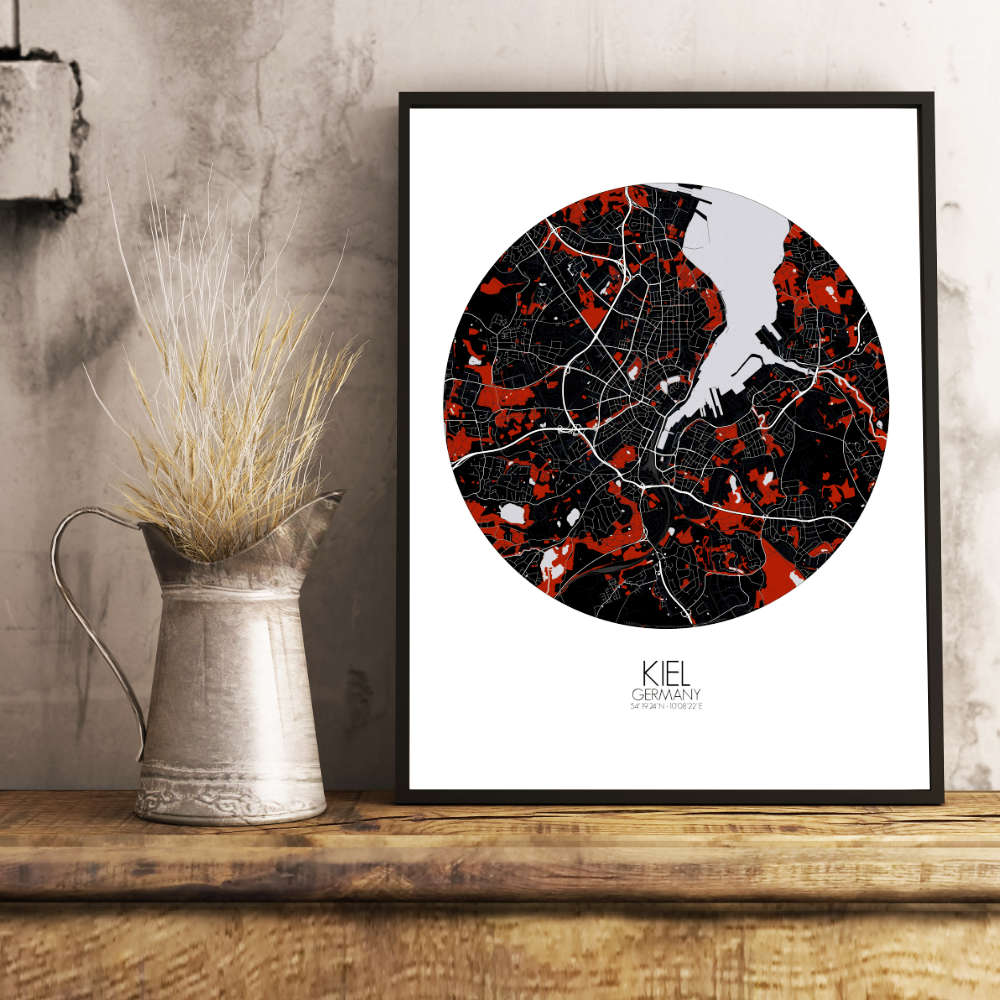 Mapospheres Kiel Red dark round shape design poster city map