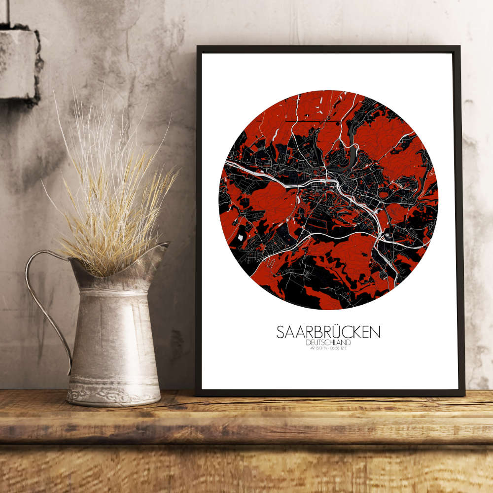 Mapospheres Saarbrucken Red dark round shape design poster city map