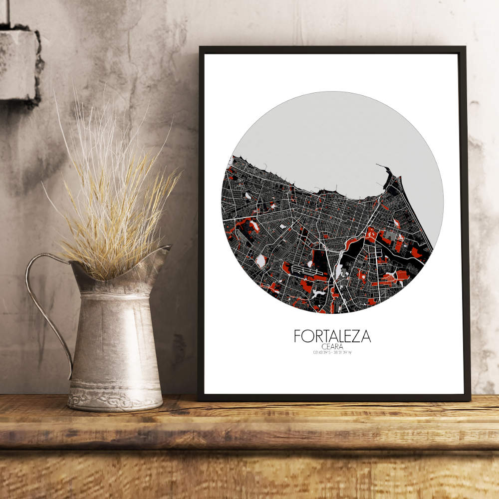 Mapospheres Fortaleza Red dark round shape design poster city map