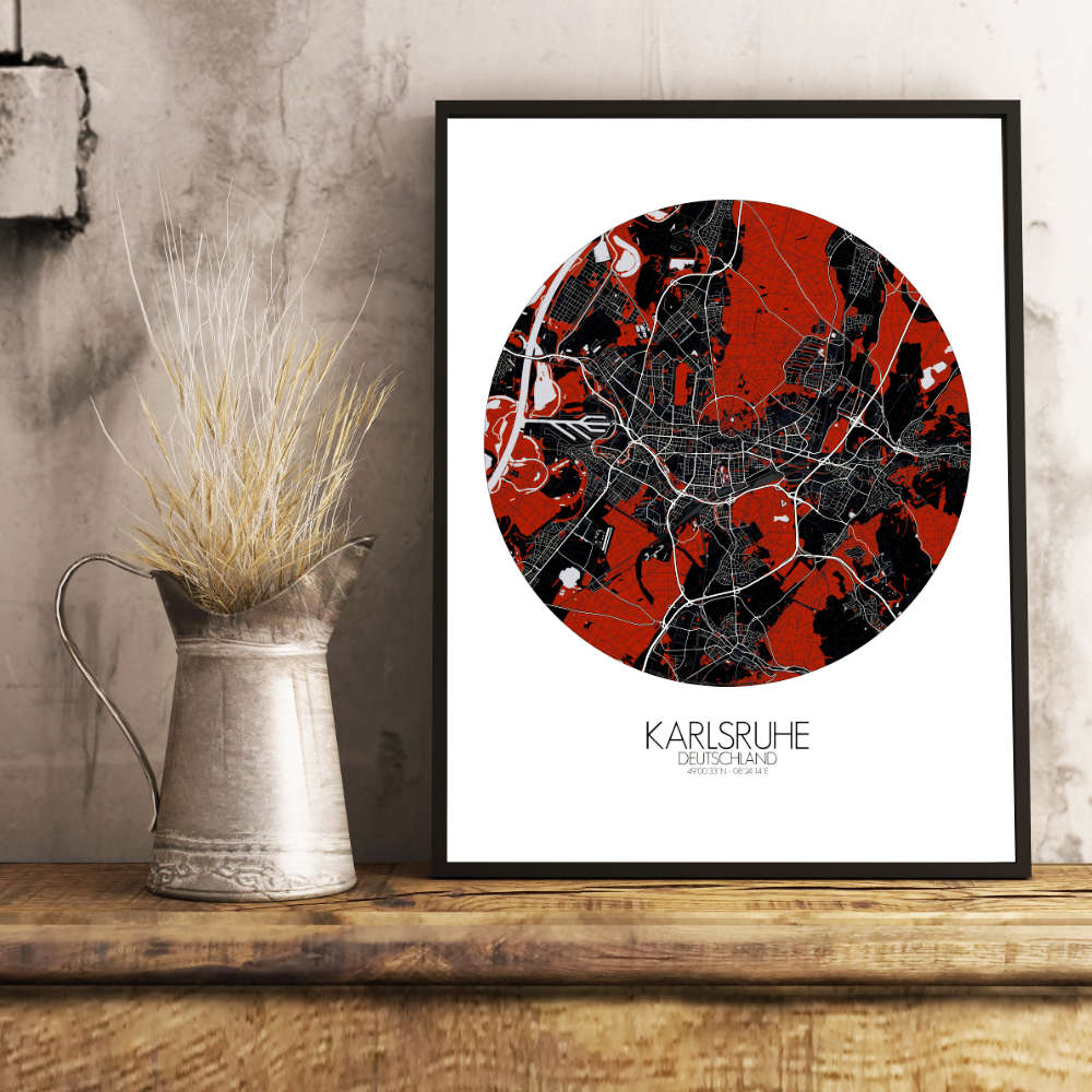 Mapospheres Karlsruhe Red dark round shape design poster city map