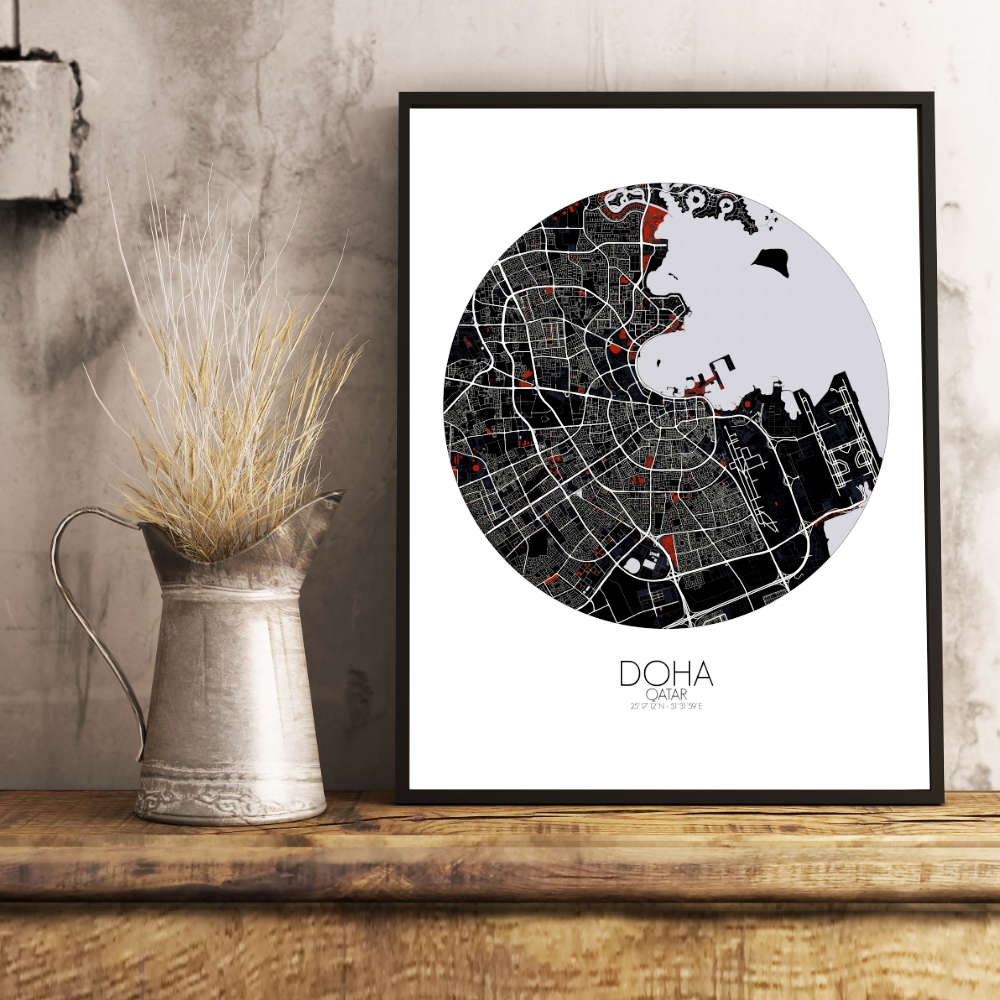 Mapospheres Doha Red dark round shape design poster city map