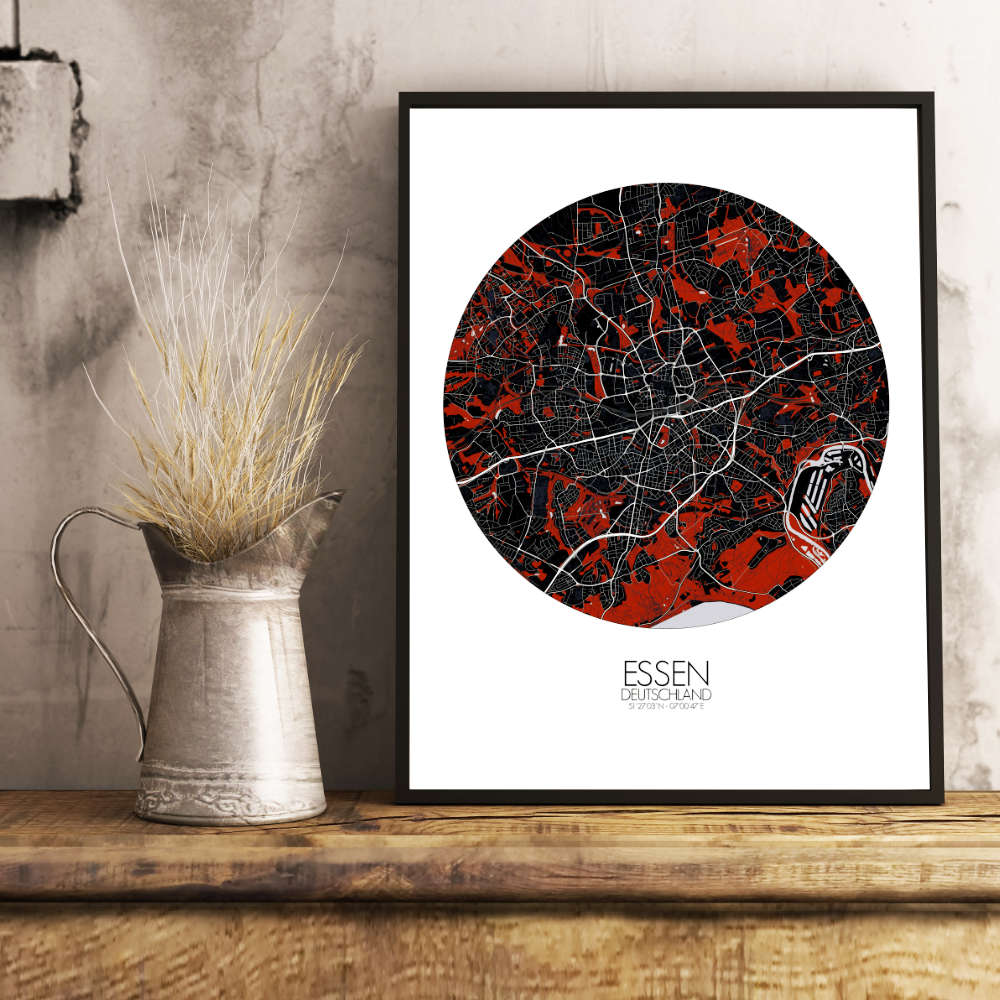 Mapospheres Essen Red dark round shape design poster city map