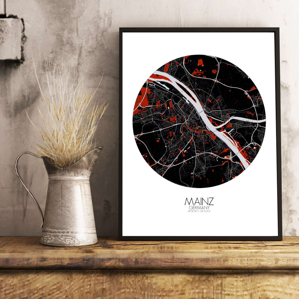 Mapospheres Mainz Red dark round shape design poster city map
