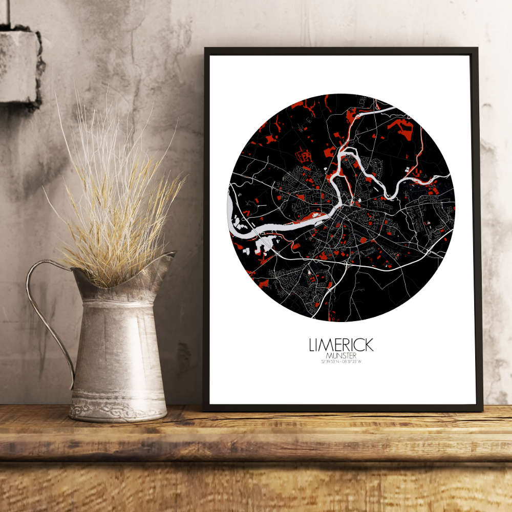 Mapospheres Limerick Red dark round shape design poster city map