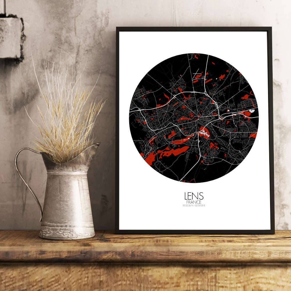 Mapospheres Lens Red dark round shape design poster city map