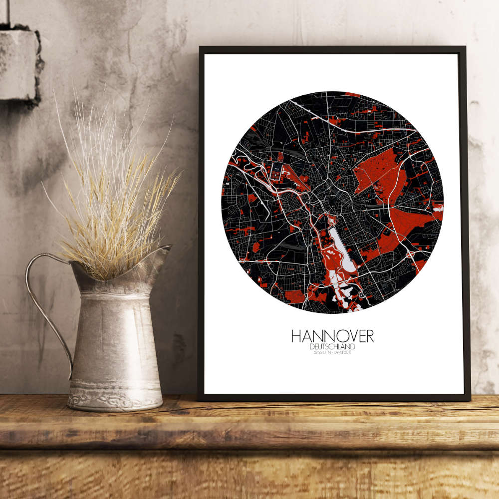 Mapospheres Hanover Red dark round shape design poster city map