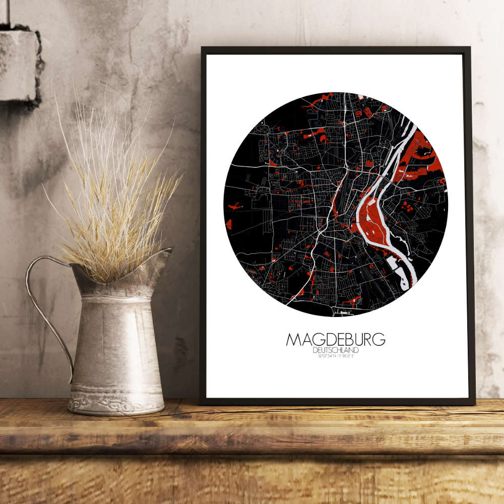 Mapospheres Magdeburg Red dark round shape design poster city map