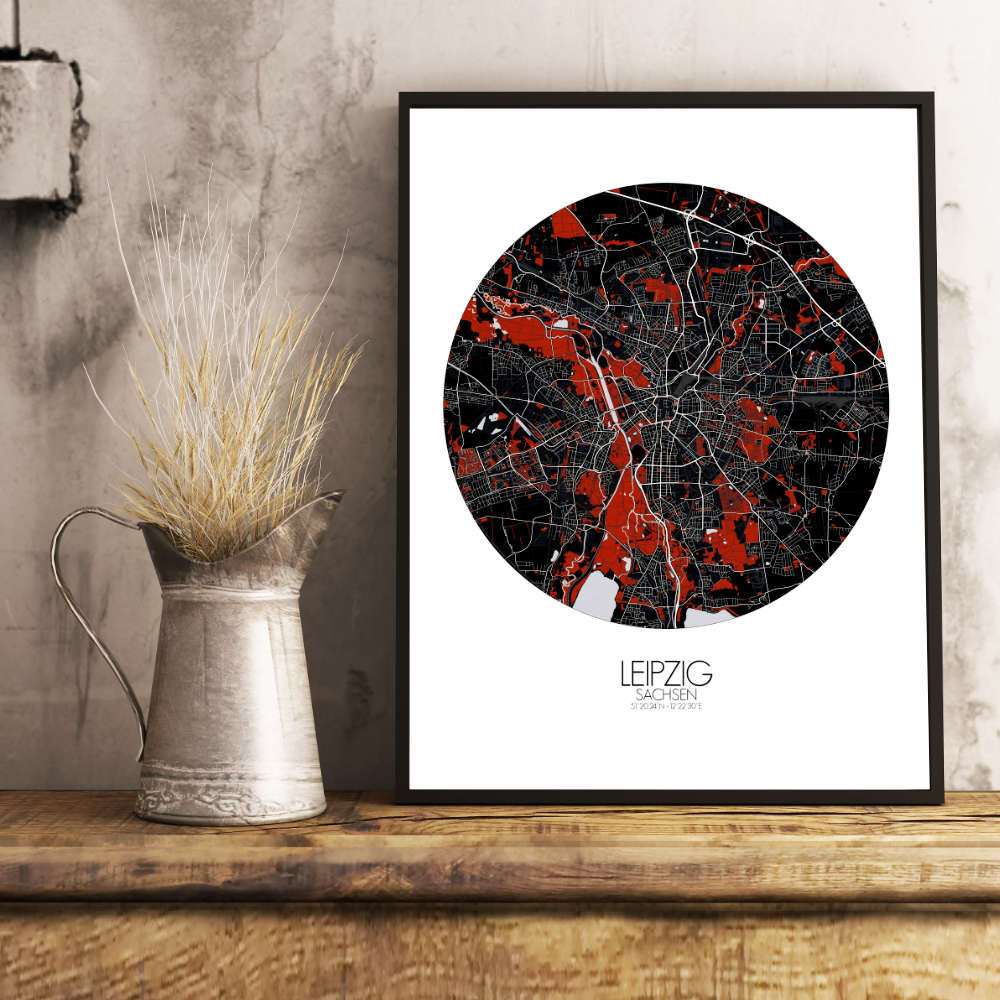 Mapospheres Leipzig Red dark round shape design poster city map