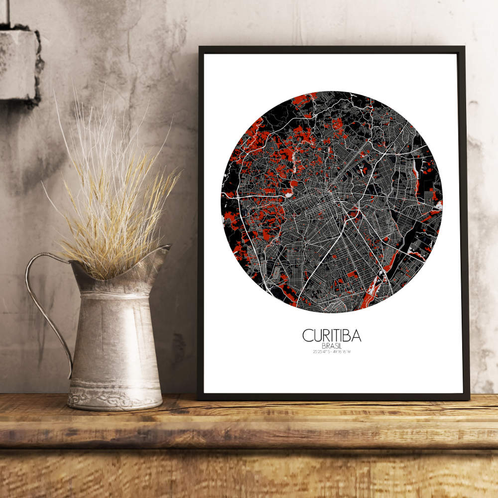 Mapospheres Curitiba Red dark round shape design poster city map