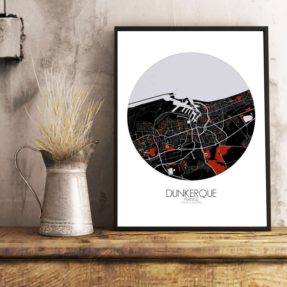 Mapospheres Dunkirk Red dark round shape design poster city map