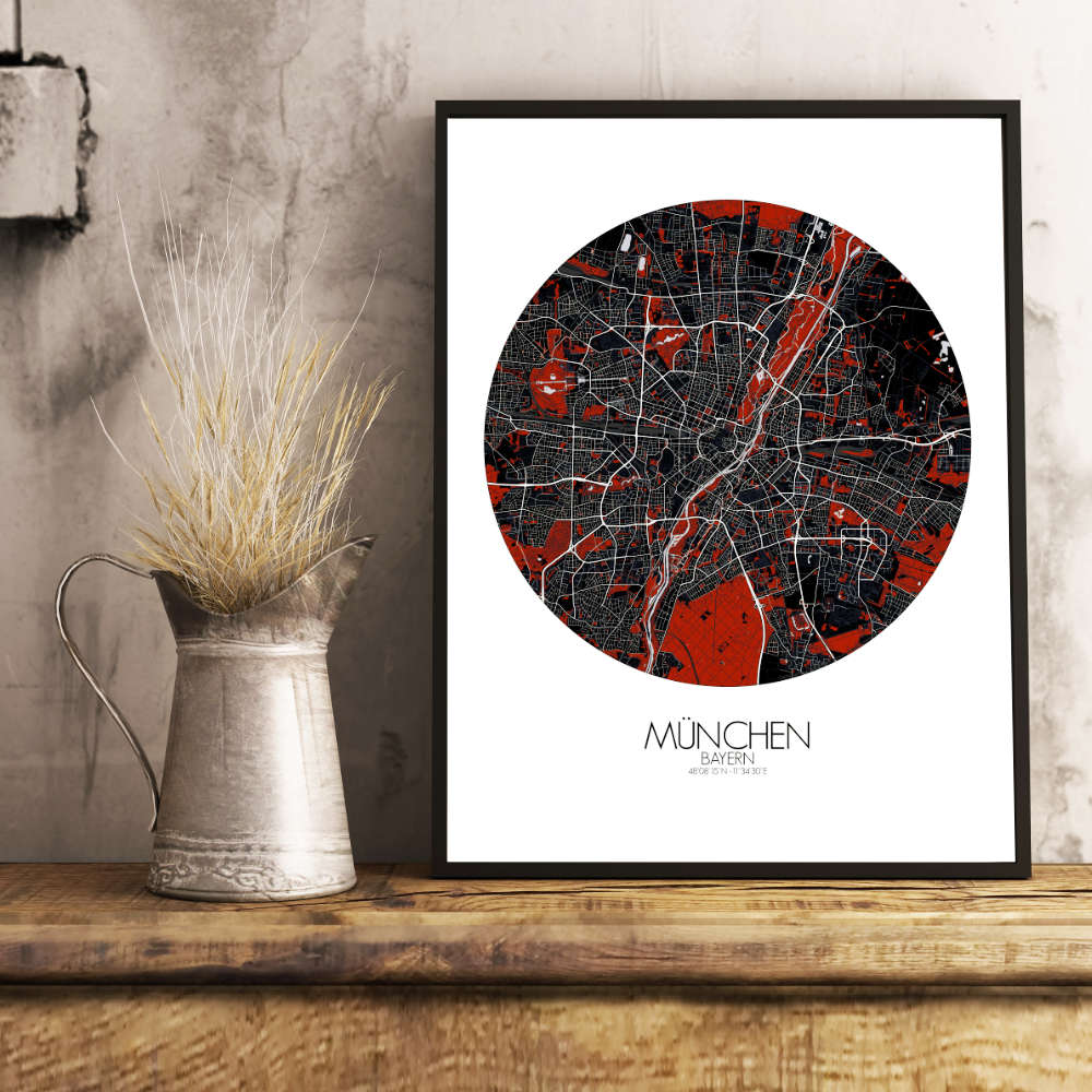 Mapospheres Munich Red dark round shape design poster city map