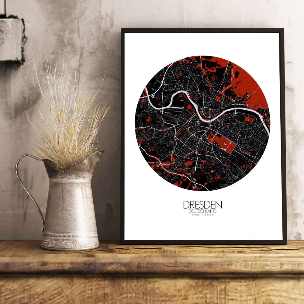 Mapospheres Dresden Red dark round shape design poster city map