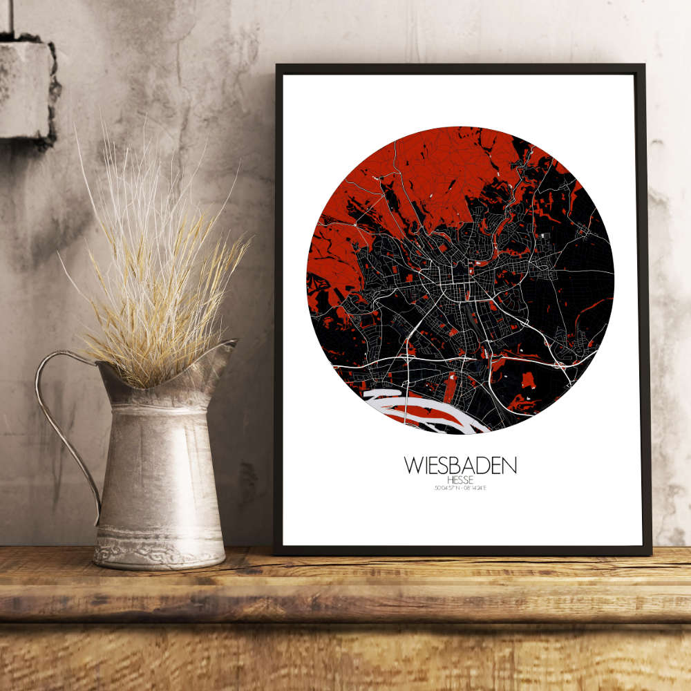 Mapospheres Wiesbaden Red dark round shape design poster city map