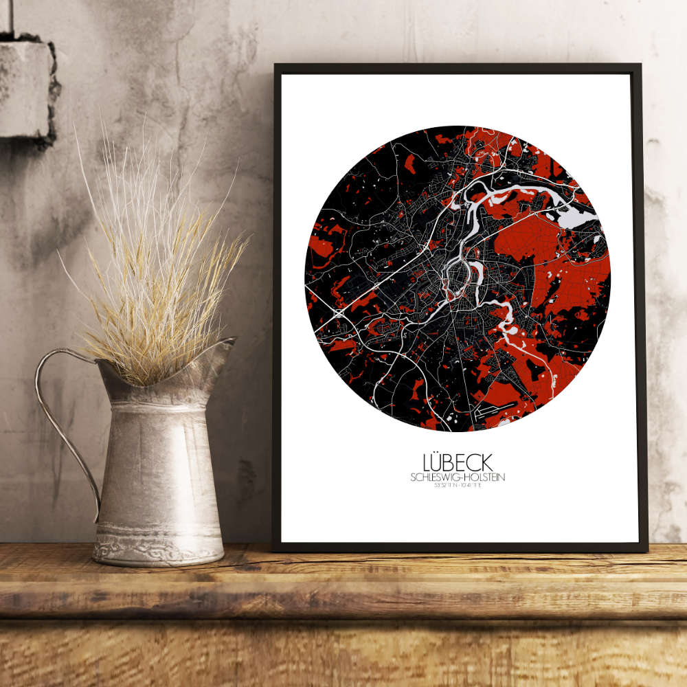 Mapospheres Lubeck Red dark round shape design poster city map