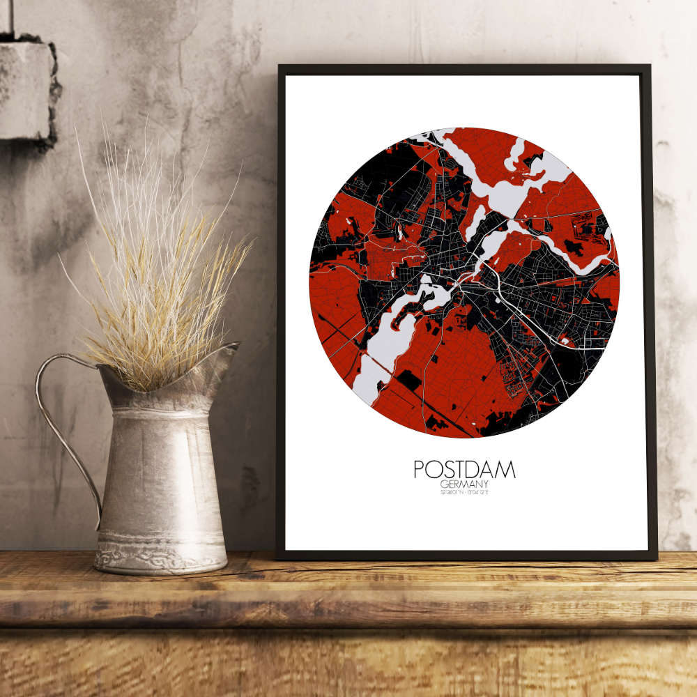 Mapospheres Postdam Red dark round shape design poster city map