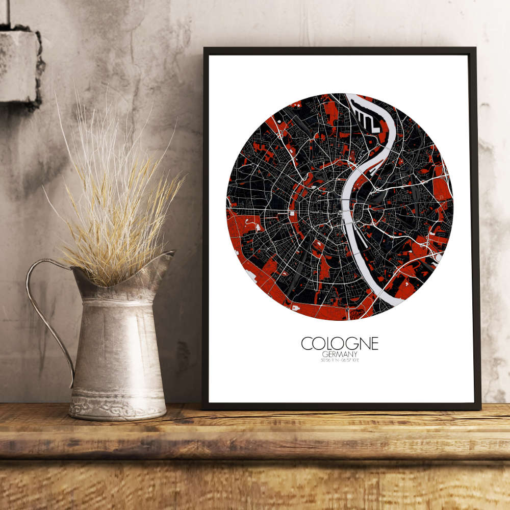 Mapospheres Cologne Red dark round shape design poster city map