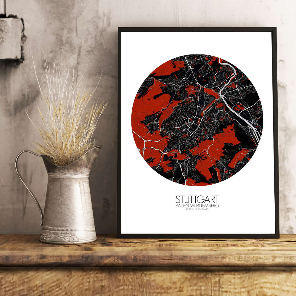 Mapospheres Stuttgart Red dark round shape design poster city map