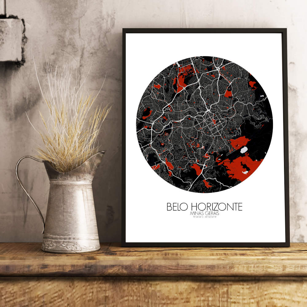 Mapospheres Belo Horizonte Red dark round shape design poster city map